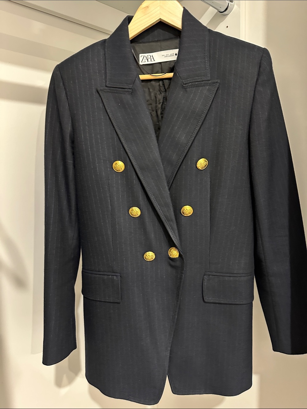 Zara Navy Pinstripe Double-Breasted Blazer with Gold Buttons